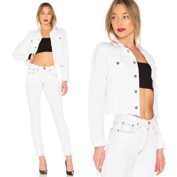 GRLFRND Cara Cropped Denim Jacket Women’s Size Large Vienna Raw Hem Distressed - Picture 1 of 6